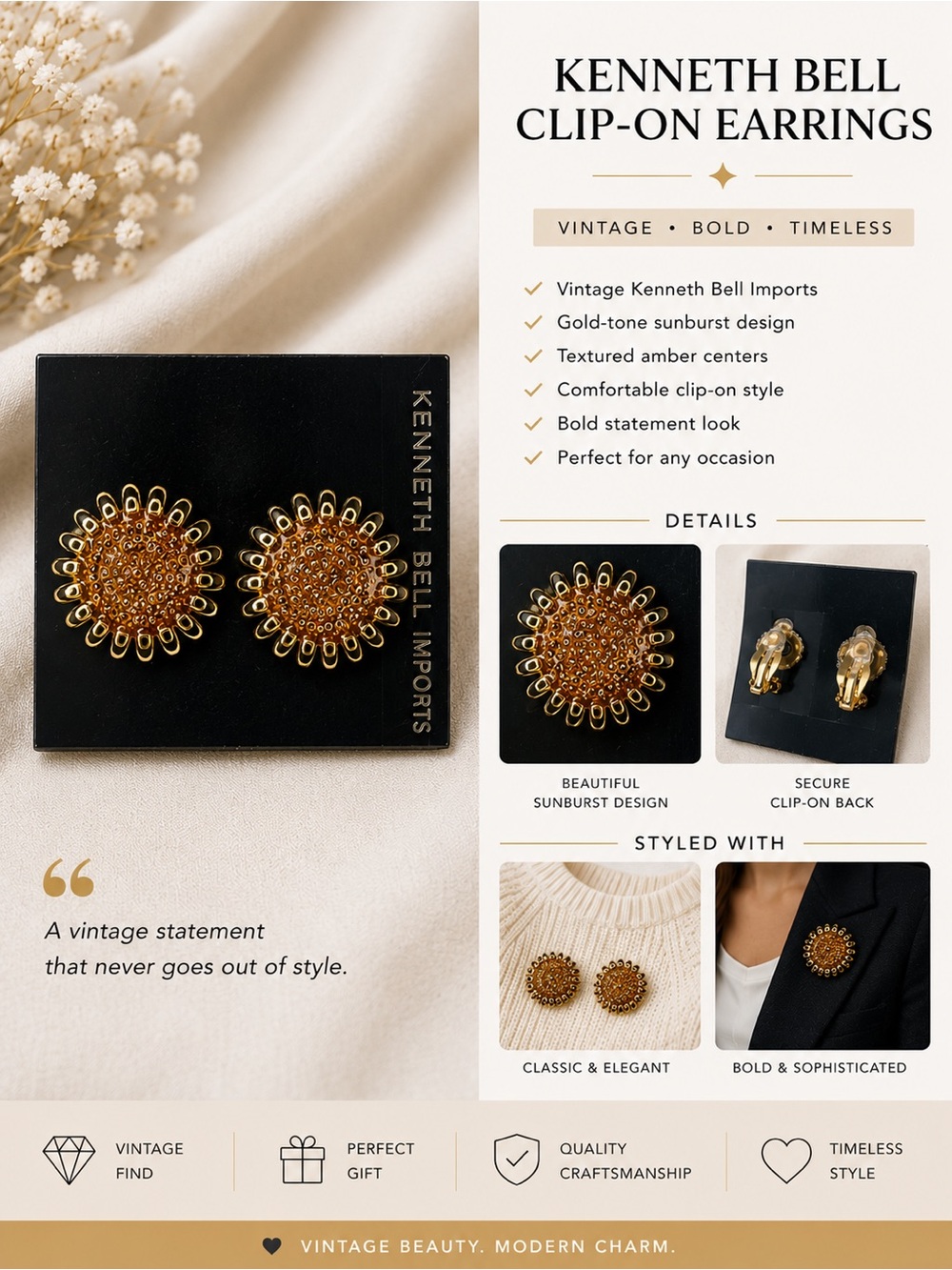 Amber Gold Sunburst Clip-On Earrings